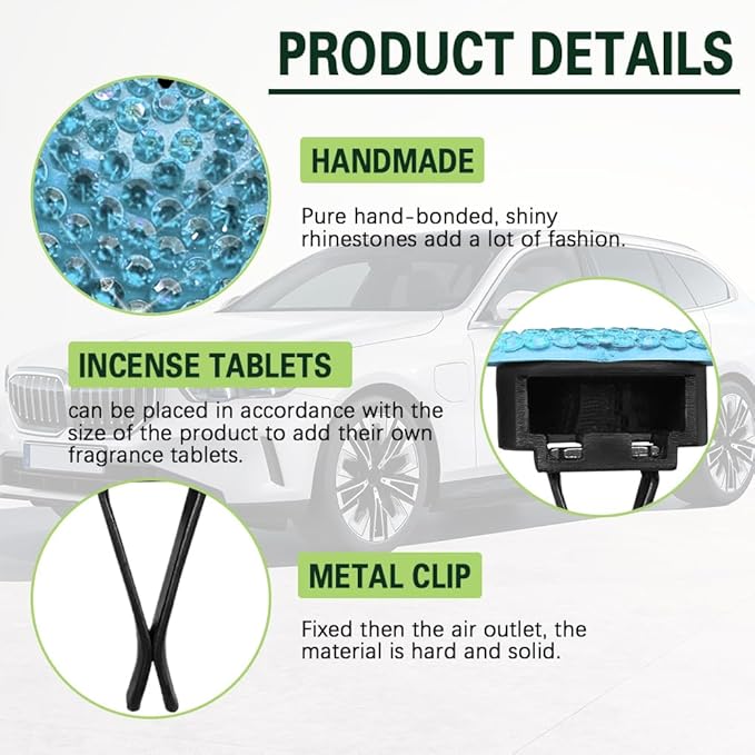 2PCS Bling Heart Air Vent Clips, Heart Car Accessories, Bling Heart Charm Air Conditioning Outlet Clip, Car Decor Air Fresheners Vent Clips Universal Fit for Women and Girls (Lake blue)