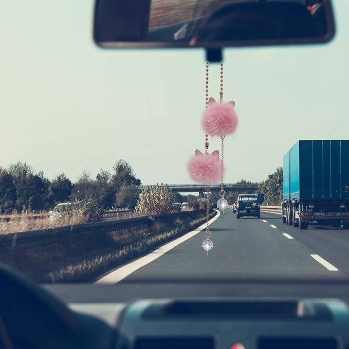 Car Mirror Hanging Accessories for Women, Car Air Fresheners Essential Oil Diffuser Pink Plush Ball with Bling Rhinestone Car Charm Cute Interior Decor (Pink)