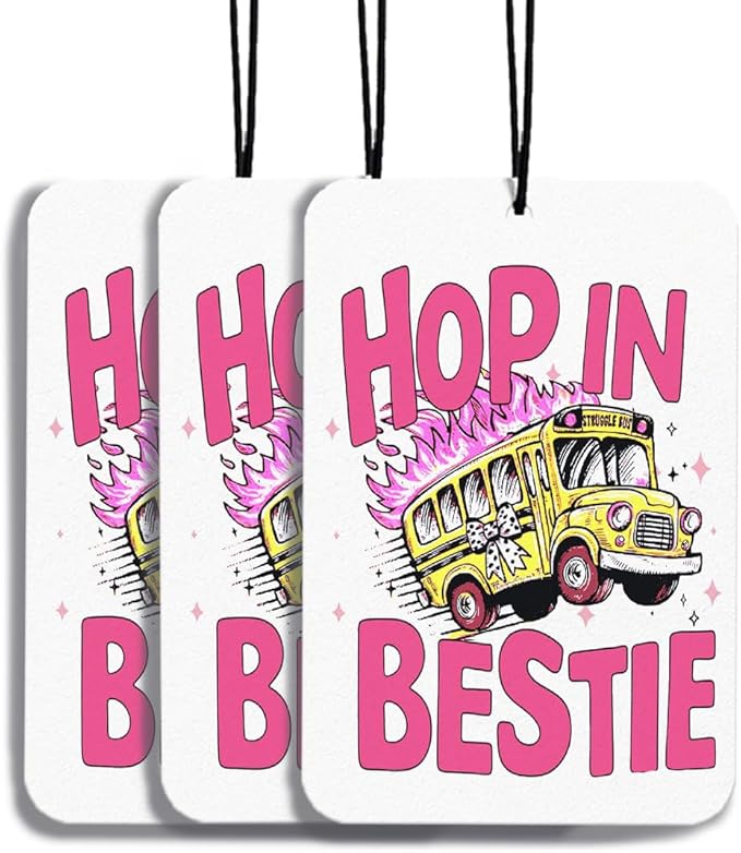 Hop In Bestie Funny Car Air Fresheners Hanging Yellow Bus Pink Car Interior Accessories 2Pcs, Pepper Cars Mirror Accessories Cute Funny Gift Cars Decor for Women Men(Real)