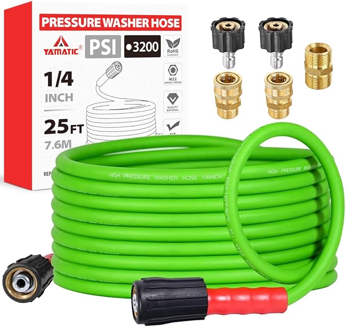 YAMATIC Upgraded Flexible Pressure Washer Hose 25FT 1/4", 3200 PSI Non-Kink Replacement with M22-14mm & 3/8" Quick Connect Adapters, Extension for Gas Power Washer Troy-Bilt Ryobi Honda Craftsman