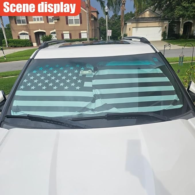 American Flag Car Windshield Sun Shade, Foldable Car Front Window Sunshade for Cars SUV Truck, Auto Interior Sun Protection Cover, Blocks UV Rays & Keeps Your Vehicle Cool (Black, M)