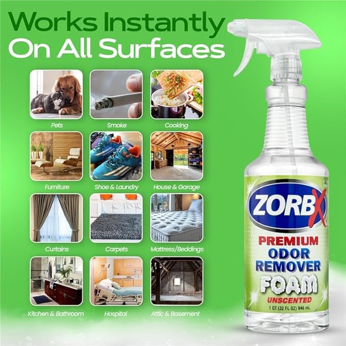 ZORBX Premium Unscented Odor Remover Foam 32 oz – Extra Strength, Fragrance-Free Odor Eliminator Foamer for Pets, Drains, Garbage Disposal, Carpets, Bathroom & Kitchen