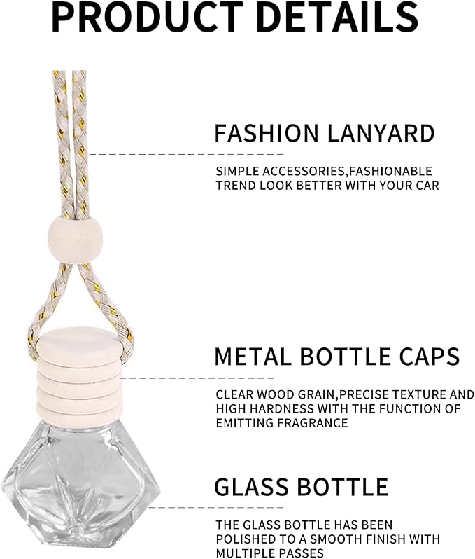 5PCS Hanging Car Air Freshener, Auto Interior Decoration 8 ml Oil Diffuser Perfume Aromatherapy Pendant Empty Glass Bottle, Fragrance Ornament with Vent Clip Wooden Cap and Rope (5, Rhombic)