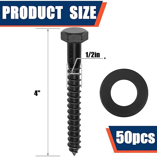 Tandefio 50 Pack 1/2''x 4'' Ceramic Black Lag Screw Kit with Washers Hex Lag Bolts Wood Screws Heavy Duty Ruspert Coating Hot Dip Galvanized Double Layer for Wood Decks Fences
