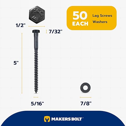 5/16 x 5 (50 Pack) Lag Screw Kit, 50 Screws and 50 Washers, Ceramic Black Ruspert Coating for Exterior Use, Meets ASTM A307 and ASME B18.2.1, Industrial/Commerical Grade by Makers Bolt