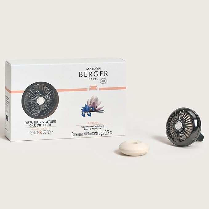 Maison Berger Car Diffuser Set – Refillable Vent Clip, Ceramic Refill, Made in France - Luxury Auto Scent - 4-Week Diffusion - Elegant Air Freshener for All Car Vents (Liliflora)