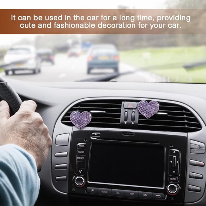 2PCS Heart-Shaped Car Vent Clip with Rhinestone, Car Vent Accessory, Bling Heart Charm Air Conditioning Outlet Clip, Auto Diffuser Air Freshener Charm for Women Girls (Purple, Heart)