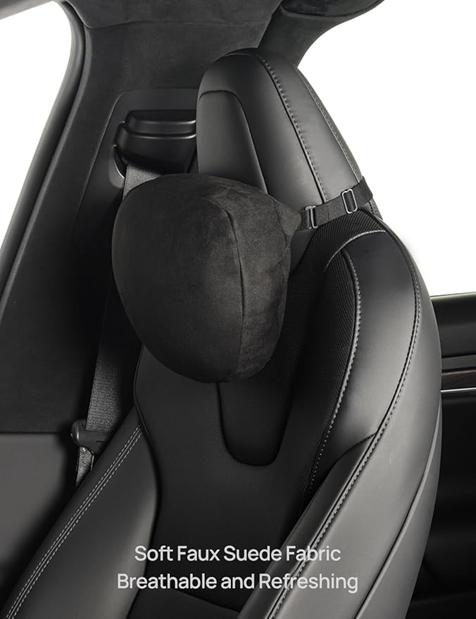 TPARTS Headrest Neck Pillow for Tesla Model 3/Y/X/S, Soft Faux Suede Fabric Car Neck Support Pillow Cushion for Traveling (Filled with Dupont Sorona Fiber)-1pc Black