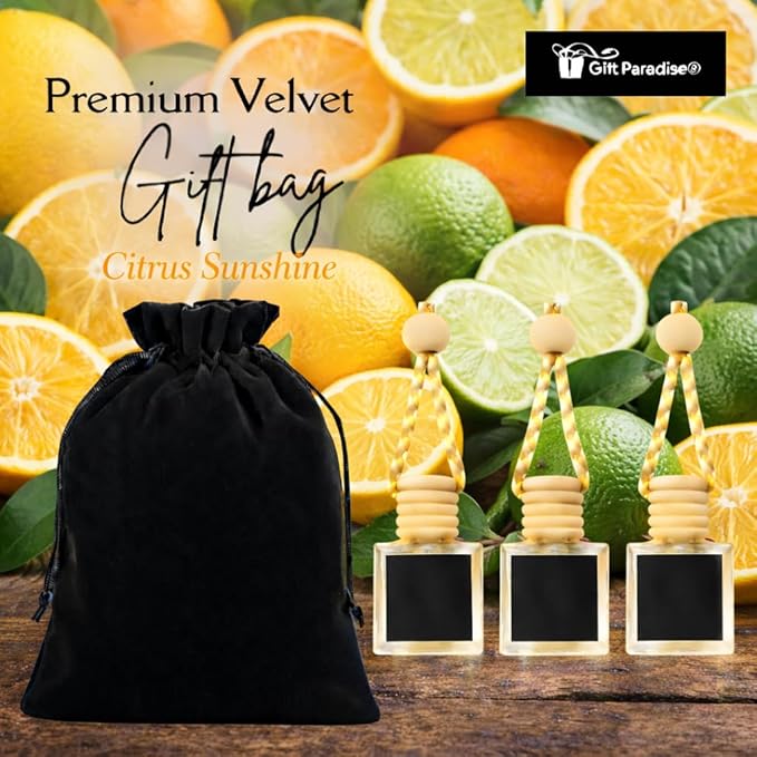 – Citrus Sunshine Hanging Car Air Freshener Set of 3 (10 ml each) • Car • Home • Office • Comes with Velvet Gift Bag