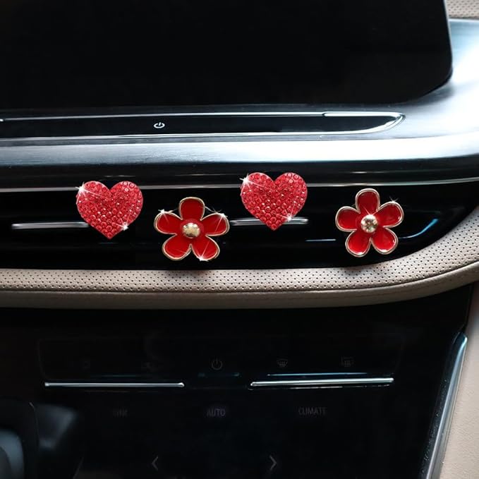 4PCS Car Air Vent Clips with Fragrance Pads, Cute Flower Car Air Fresheners Vents Clips Diamond Vent Clip Auto Interior Decor Charm Bling Auto Accessories Decoration for Women (Red)