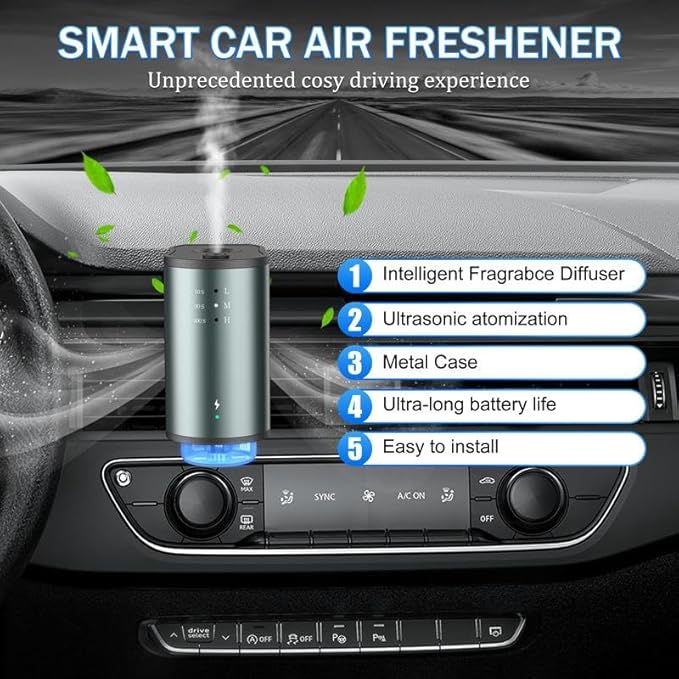 2PCS Smart Car Air Freshener with 3 Adjustable Intensity Levels, Portable Waterless Car Diffuser, Auto Sensor Car Aromatherapy Diffuser with 3 * 10ML Natural Essential Oil (1PCS)