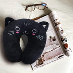 Travel Pillow for Kids, Cute Animal Neck Pillow Support U Shaped Cushion Plush Soft Rest Reading Pillows Sleeping Pillows for Airplane Train Car (Color:Black cat)