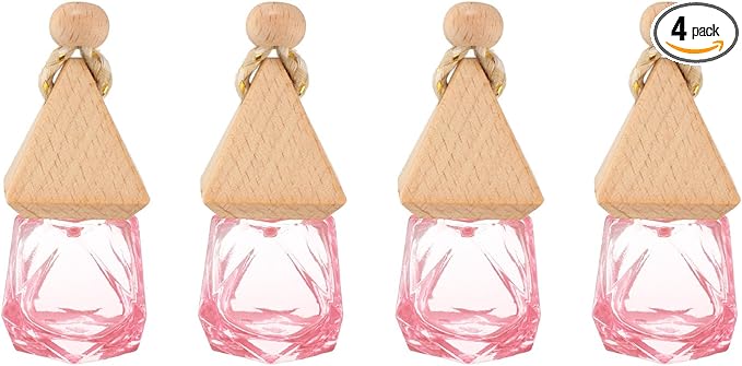uxcell 4pcs Hanging Car Air Freshener Perfume Bottle, 8ml Pendant Empty Clear/Pink Glass Essential Oil Aromatherapy Diffuser with Wooden Cap for Car Decor (Clear/Pink, Rhombus)