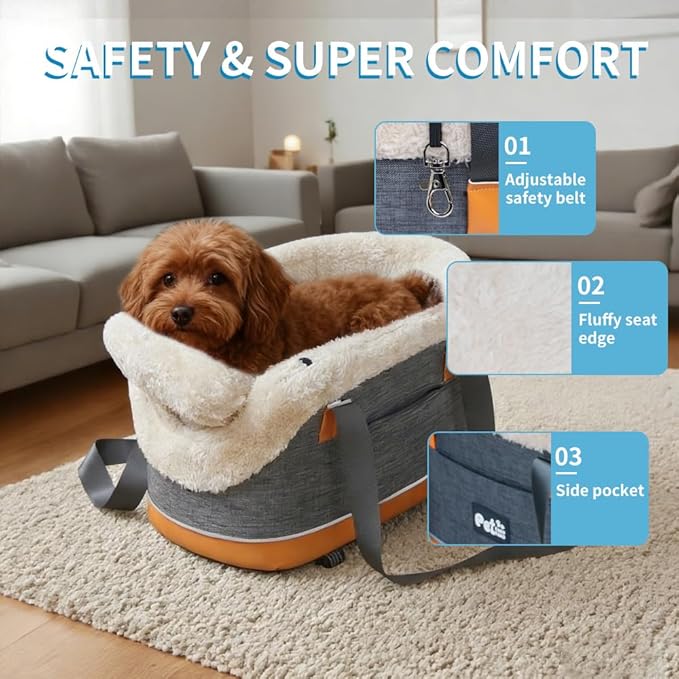 Pet Car Center Console Elevated Armrest Car Seat for Small Puppy, Dogs & Cats (Up to 10 lbs) – Dark Gray Washable Plush Carrier with Safety Leash, Fits Front Vehicle Console Space (Dark Grey)
