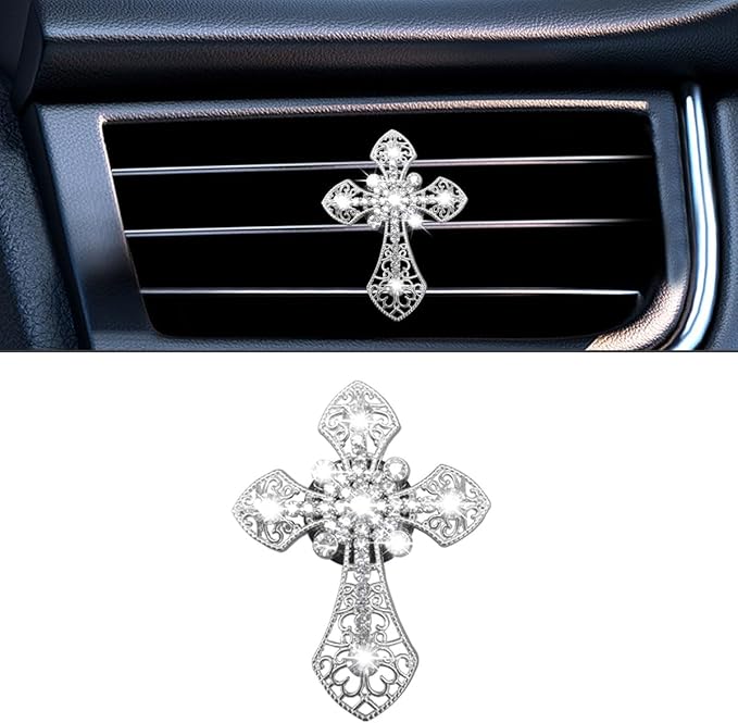 Bling Car Dashboard Air Vent Trim Clips, Crystal Rhinestone Air Vent Clips, Car Interior Decoration Accessories, Cross Air Conditioning Outlet Clip for Women Girls (Silver, 1PCS)
