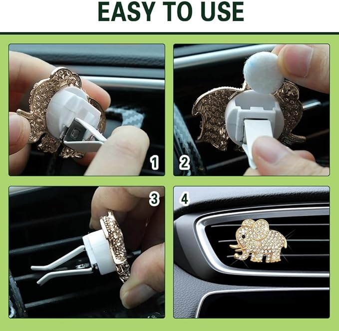 2PCS Car Air Vent Clip, Car Vent Accessories, Crystal Elephant Car Air Fresheners Vent Clips, Rhinestone Air Conditioning Outlet Clip Interior Decoration Universal for Women and Girls (Gold)