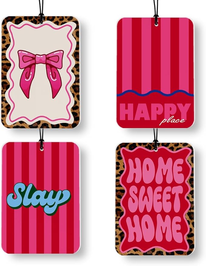 Hot Pink Cheetah Print Car Air Freshener 4 Pcs, Funky Y2k Coquette Bow Leopard Home Sweet Home Air Freshener Hanging Decor for Cars Closet Drawer Books Accessories Gifts