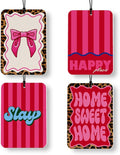 Hot Pink Cheetah Print Car Air Freshener 4 Pcs, Funky Y2k Coquette Bow Leopard Home Sweet Home Air Freshener Hanging Decor for Cars Closet Drawer Books Accessories Gifts