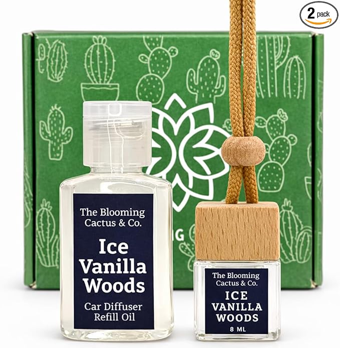 Car Air Freshener, Luxury Car Diffuser with 1 Oz Refill, Phthalate Free Fragrance – Long Lasting Scent | Refillable Hanging Air Freshener for Car, Home, Office | Made in USA (Iced Vanilla Woods)