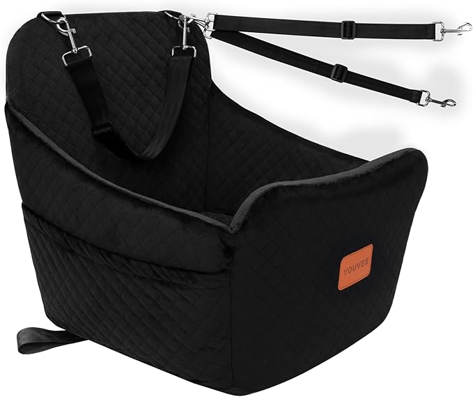 YOUVEE Dog Car Seat for Small/Medium Dog 20lbs 25lbs up to 32 lbs,Fully Detachable and Washable Puppy Booster seat with Storage Pockets,2 Adjustable Safety Belts,Anti-Slip Base(Black)