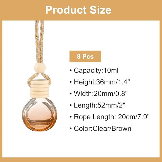uxcell 8pcs Hanging Car Air Freshener Perfume Bottle, 10ml Pendant Empty Clear/Brown Glass Essential Oil Aromatherapy Diffuser with Wooden Cap for Car Decor (Clear/Brown, Round)