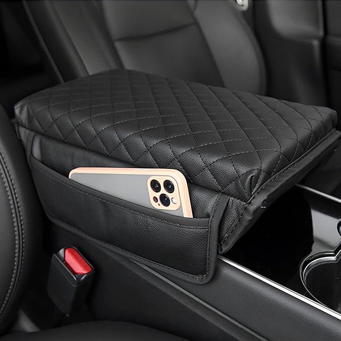 zipelo Car Armrest Cushion, Carbon Fiber Leather Auto Center Console Pad, Memory Foam Armrest Box with Storage Bag, Hand Rest Pillow with Organizer Pockets, Universal Fit for Most Vehicles (Coffee)