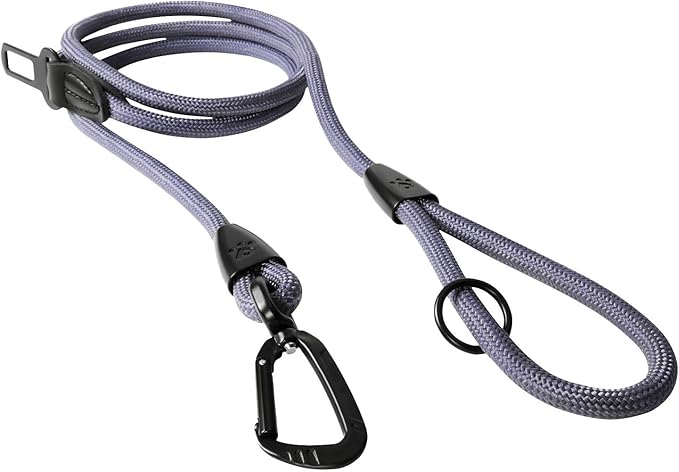 PawsPassion Rope Dog Leash 4 FT, 2-in-1 Heavy Duty Dog Leash with Seat Belt Buckle, Tangle Free 360ｰ Swivel Aviation Aluminum Carabiner, All Metal Hardware, Alloy O-Ring (Lilac Breeze)