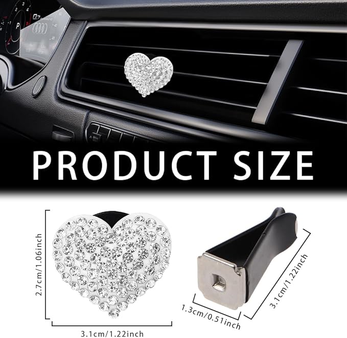 2PCS Bling Air Vent Clips, Heart Shaped Crystal Air Conditioning Outlet Clip, Girl Car Accessories Air Vent Clip Universal for Most Car, Truck, SUV