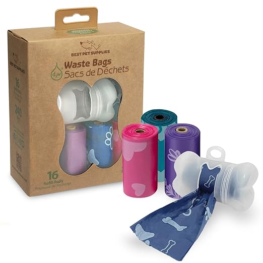 Best Pet Supplies Dog Poop Bags (240 Bags) for Waste Refuse Cleanup, Doggy Roll Replacements for Outdoor Puppy Walking and Travel, Leak Proof and Tear Resistant, Thick Plastic - Assorted Colors