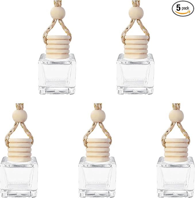 5PCS Hanging Car Air Freshener, Car Air Freshener Diffuser, 8ml Hanging Essential Oil Diffuser Bottle, Auto Interior Cute Glass Empty Perfume Bottle Ornament for Most Vehicles (Square)