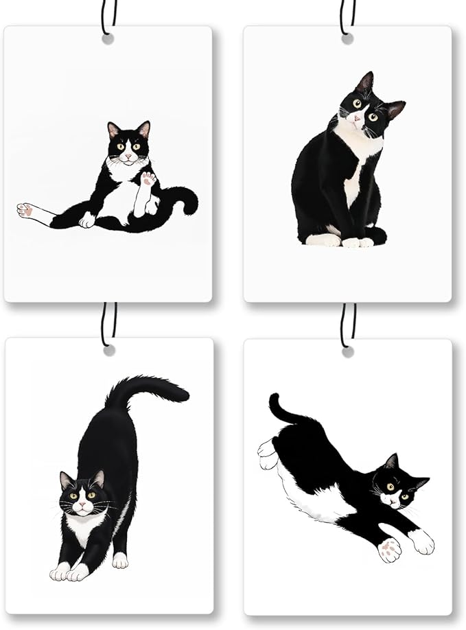 Funny Tuxedo Cat Car Air Freshener 4 Pcs, Black and White Cat Hanging Scents Air Freshener for Women Girls Gifts, Cute Kitty Kitten Scented Car Accessories Decor for Room Closet Drawer