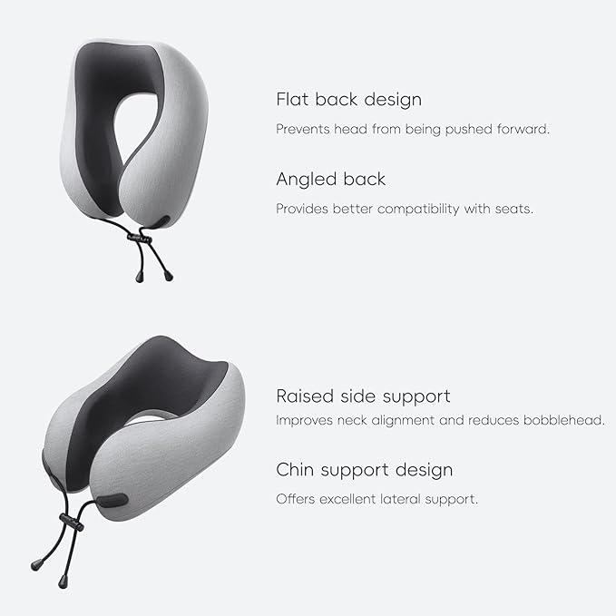 Neck Pillow for Travel Memory Foam Design Models Pillows with Zero Eye Pressure 3D Eye Mask and Compact Bag Traveling Essentials Plane Car Flight Rest Sleeping Use Adult, Light Gray