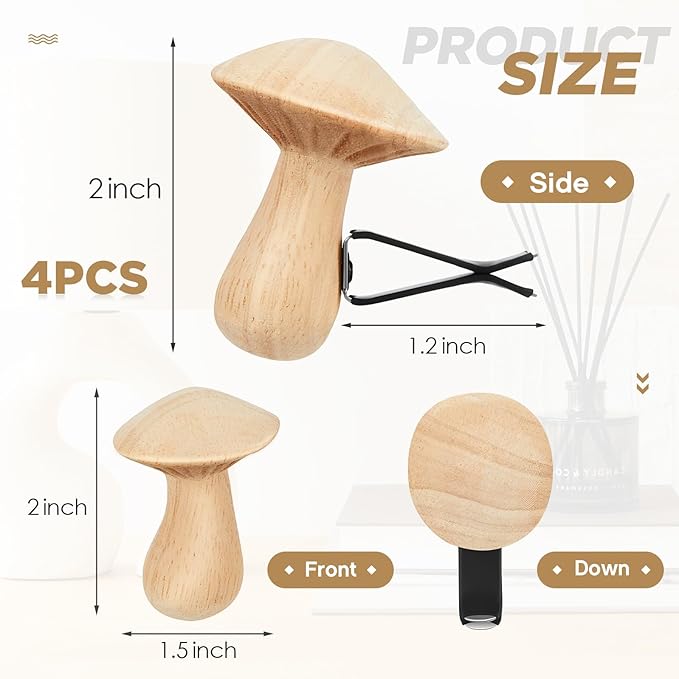 Dandat 4 Pcs Wood Car Essential Oil Diffuser Vent Clips Mushroom Car Air Freshener Aromatherapy Wooden Car Diffusers Automotive Interior Accessories Decoration for Women Men Gift