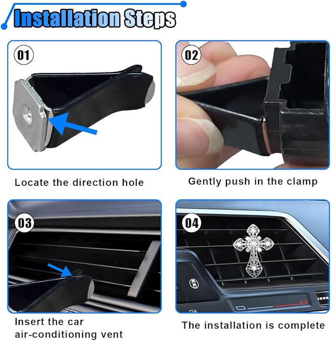 Bling Car Dashboard Air Vent Trim Clips, Crystal Rhinestone Air Vent Clips, Car Interior Decoration Accessories, Cross Air Conditioning Outlet Clip for Women Girls (Silver, 1PCS)