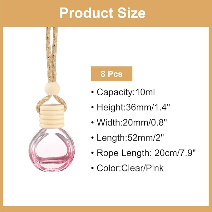 uxcell 8pcs Hanging Car Air Freshener Perfume Bottle, 10ml Pendant Empty Clear/Pink Glass Essential Oil Aromatherapy Diffuser with Wooden Cap for Car Decor (Clear/Pink, Round)