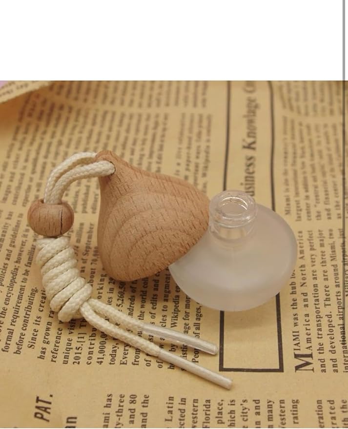 3 Pcs Hanging Car Air Freshener Diffuser Bottles – 6ml Refillable Essential Oil Aromatherapy Perfume Pendant, Clear Empty Glass with Wooden Cap & String for Vehicle Decoration