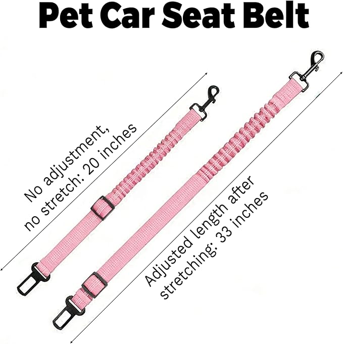 Dog Seat Belt for Car Adjustable Dog Safety Belt Leash 2 in 1 Latch Bar Attachment Dog Car Seatbelt with Elastic Nylon Bungee Buffer, Reflective Nylon Belt Tether Connect to Dog Harness 19-32in(Pink)