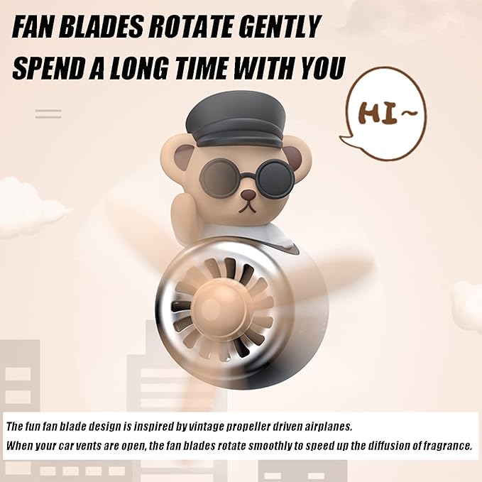 Car fragrance diffuser pilot air outlet cartoon rotating fan leaf perfume cute shape freshener with 2 fragrances (Teddy) 1 Count