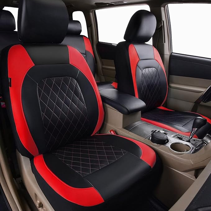 Deluxe Pu Luxury Leather Two Front Car Seat Covers, Waterproof Faux Leather Automotive Seat Covers Airbag Compatible Universal Fit for Most Sedans SUVs Vans (Black and Red)