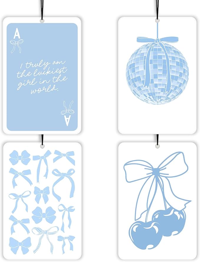 Preppy Coquette Blue Lavender Car Air Freshener 4 Pcs, Girly Bow Poker Disco Ball Cherry Air Freshener Hanging Decor for Cars Closet Drawer Books, Cute Accessories Gifts for Women Girls