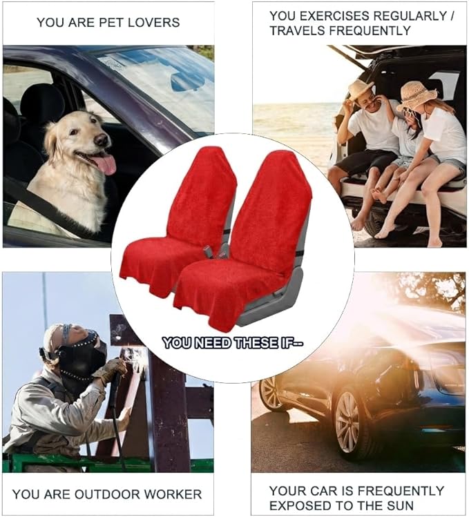 Car Seat Towel Cover, Universal Front Seat Protector for Cars, SUVs and Trucks, Sweat Towel Car Seat Cover for Gym, Yoga, Swimming, Pets and Family Travel, Haute Red, 2 Pack