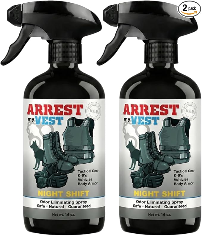 Arrest My Vest Military Grade Odor Eliminating Spray for Body Armor, Tactical Gear, and K9 Equipment. Safe on All Ballistic Vests, Fabrics, & Police Gear - Night Shift Fragrance - 2 16 oz Bottles