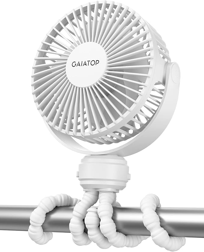 Gaiatop Mini Portable Stroller Fan, Battery Operated Small Clip on, Detachable 3 Speed Rechargeable, 360° Rotate Flexible Tripod Better Cooling for Car Seat Crib Treadmill Travel White