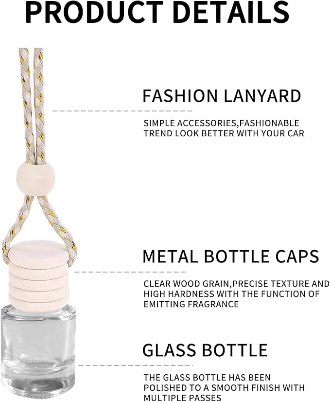 5PCS Hanging Car Air Freshener, Auto Interior Decoration 8 ml Oil Diffuser Perfume Aromatherapy Pendant Empty Glass Bottle, Fragrance Ornament with Vent Clip Wooden Cap and Rope (Cylindricity)