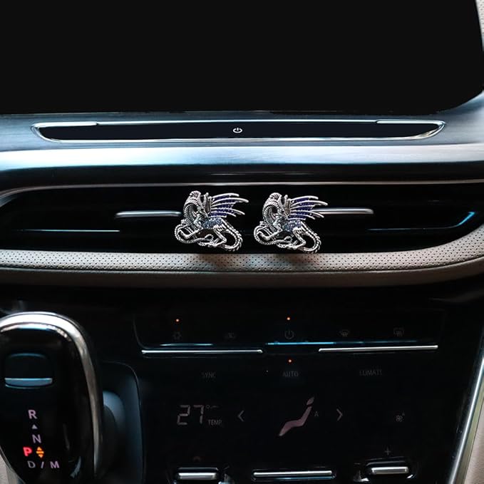 Bling Dragon Car Decor,2pcs Silver Blue Vintage Dragon Car Air Freshener Vent Clips,Refillable Diffuser