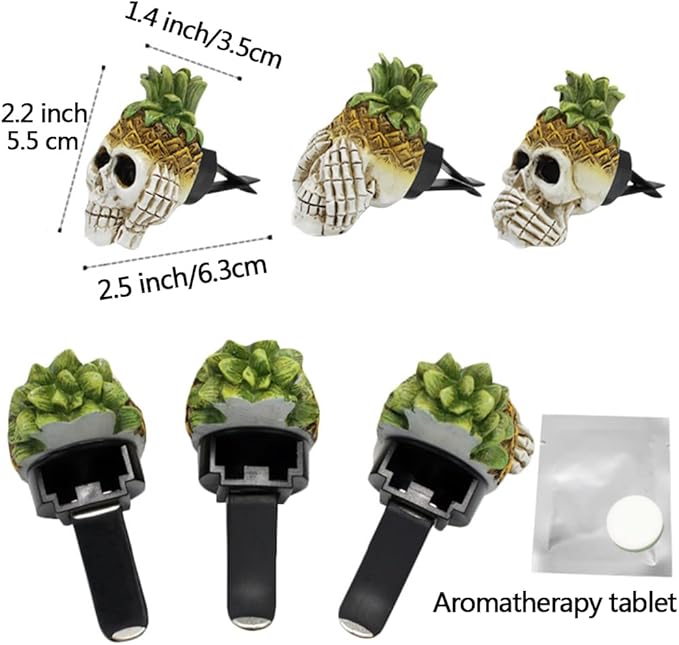 Car Air Fresheners Vent Clips 3 PCS Car Interior Accessories for Men Women Cute Skull Auto Air Conditioner Vent Clip Decor, for Car Office Home Halloween Christmas Gift (Pineapple Skull Set)
