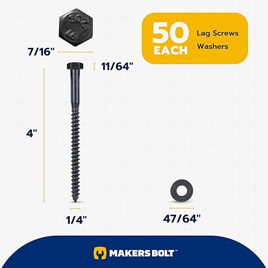 1/4 x 4 (50 Pack) Lag Screw Kit, 50 Screws and 50 Washers, Ceramic Black Ruspert Coating for Exterior Use, Meets ASTM A307 and ASME B18.2.1, Industrial/Commerical Grade by Makers Bolt
