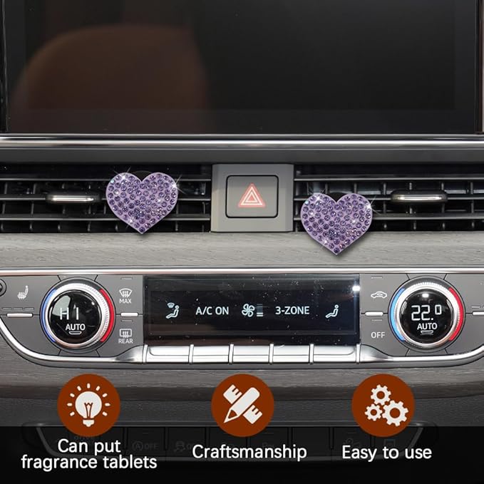 2PCS Heart-Shaped Car Vent Clip with Rhinestone, Car Vent Accessory, Bling Heart Charm Air Conditioning Outlet Clip, Auto Diffuser Air Freshener Charm for Women Girls (Purple, Heart)