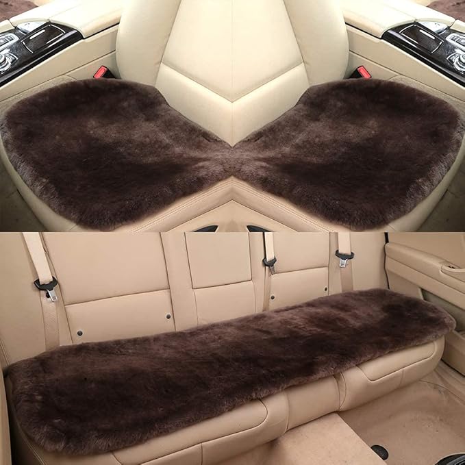 OGLAND Fluffy Genuine Australia Sheepskin Car Seat Cover for Auto Interior Accessories with Soft Fuzzy Wool Eco-Friendly Natural Fur Non-Slip (Teak, Front)
