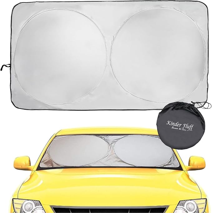 Windshield Sun Shade - Certified 99.87% UVB & 99.02% UVA Protection Car Sun Shade. Award Winning Sunshade for Car Windshield with Patented Technology. Size XL 66"x37" Car Window Shades by Kinder Fluff